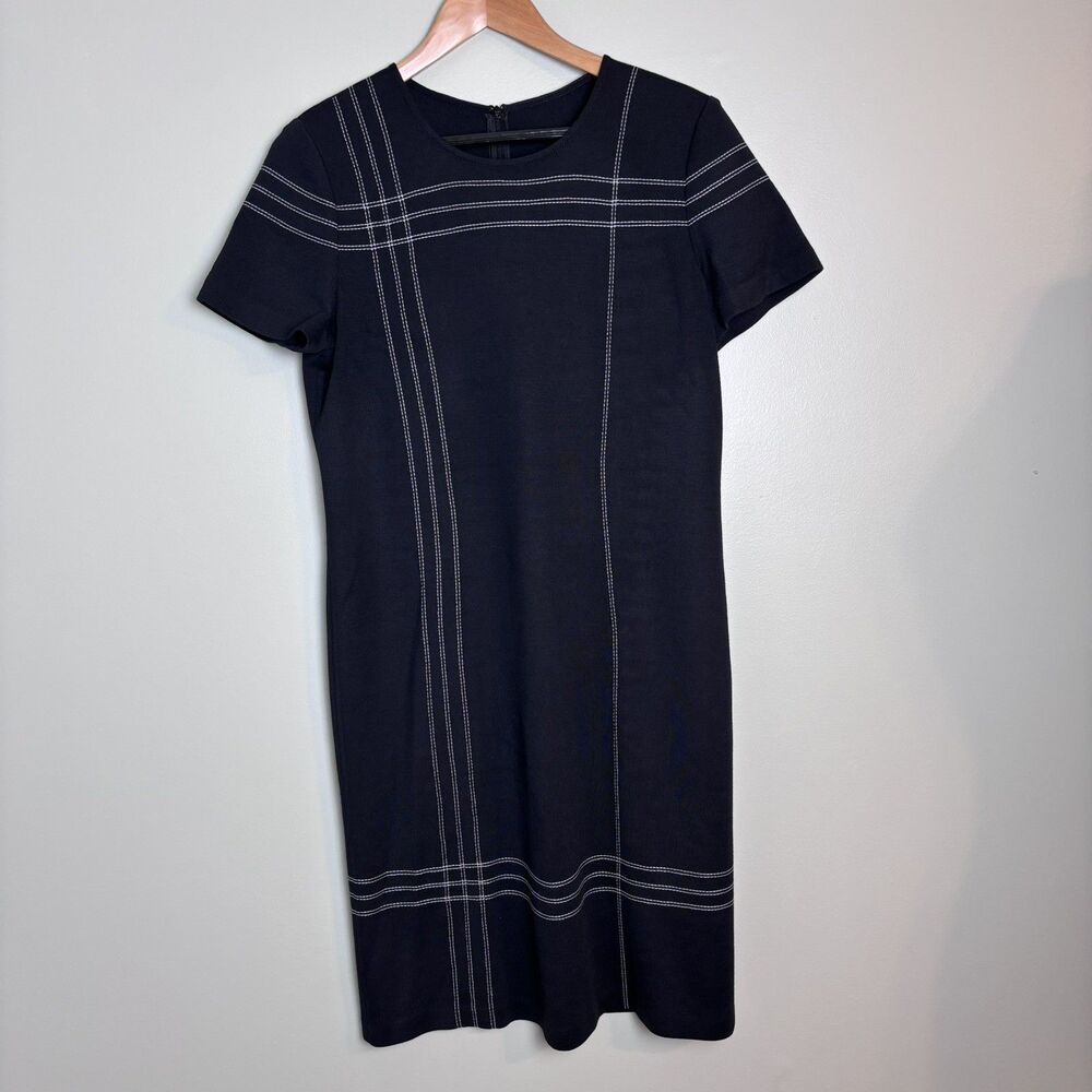 St John Wool Blend Knit Sheath Dress Topstitch Sz 10 Minimalist Mod Retro Chic